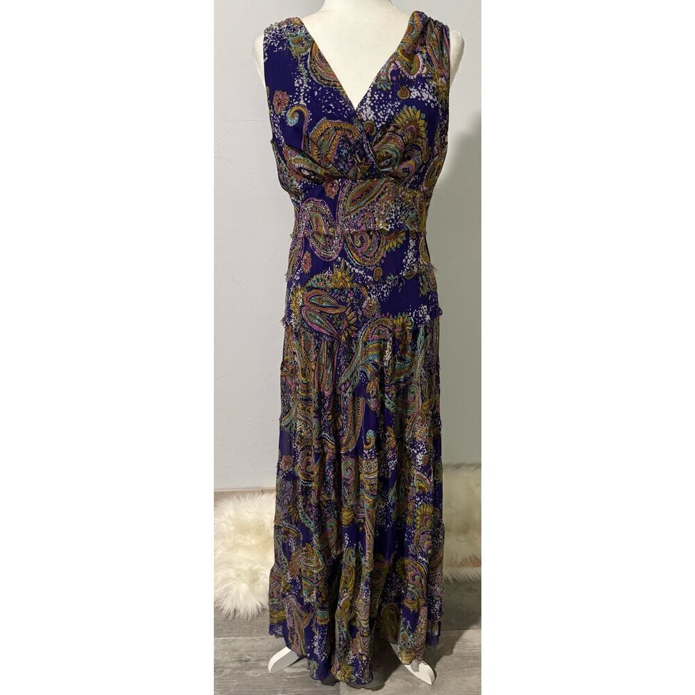 Jones New York tiered purple whimsical paisley print maxi dress 10